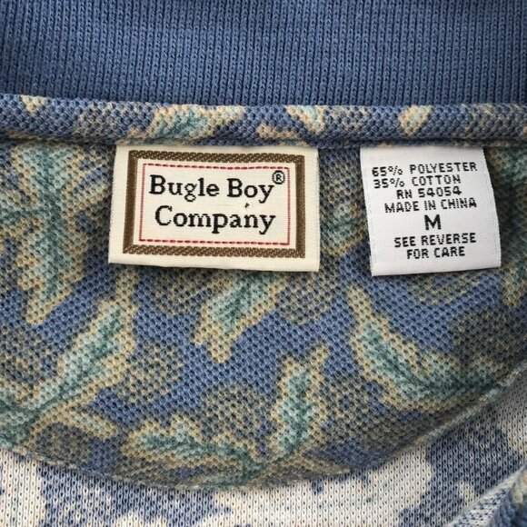 Bugle Boy Men's Polo Shirt Medium Blue Leaf Print Classic Retro Casual - Picture 3 of 8